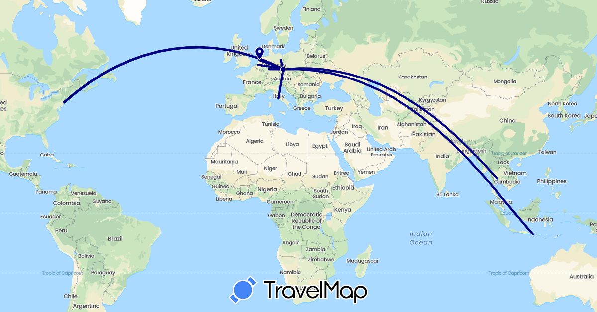 TravelMap itinerary: driving in Belgium, Czech Republic, Germany, Indonesia, Italy, Netherlands, Thailand, United States (Asia, Europe, North America)